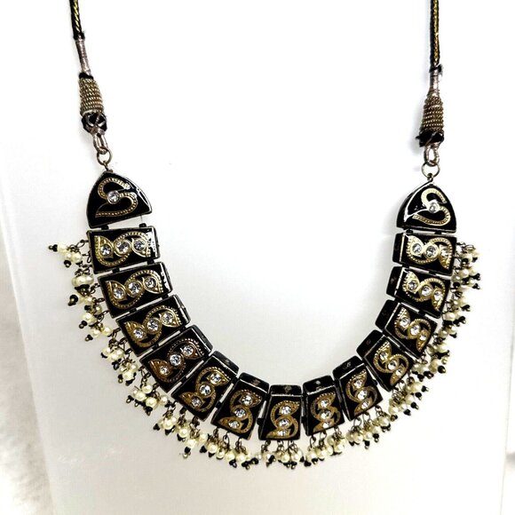 Ethnic-Inspired Black/Gold Beaded Necklace W/Intricate Detailing & Adjust. Cord - Picture 2 of 4
